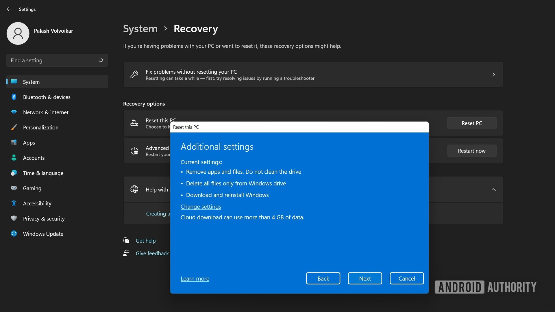 Windows 11 reset this pc additional settings cloud dialog