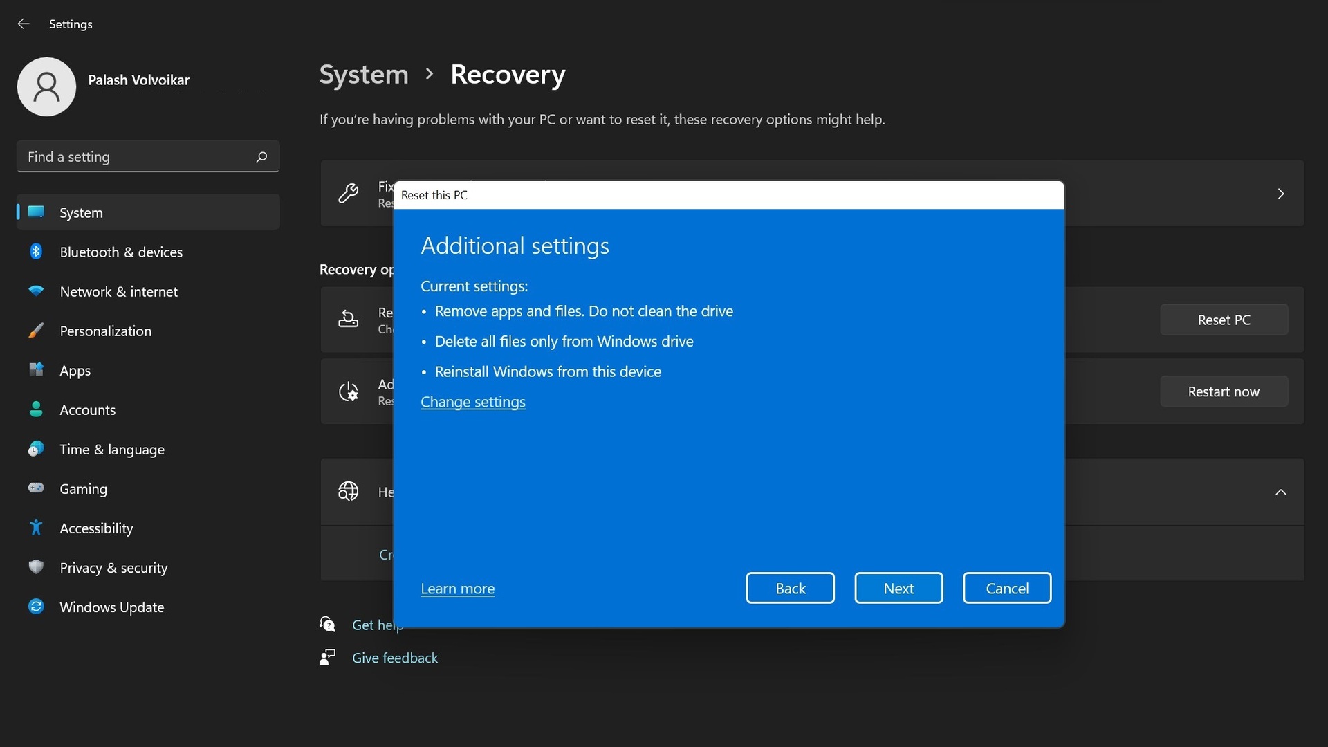 Windows 11 reset this pc additional settings dialog