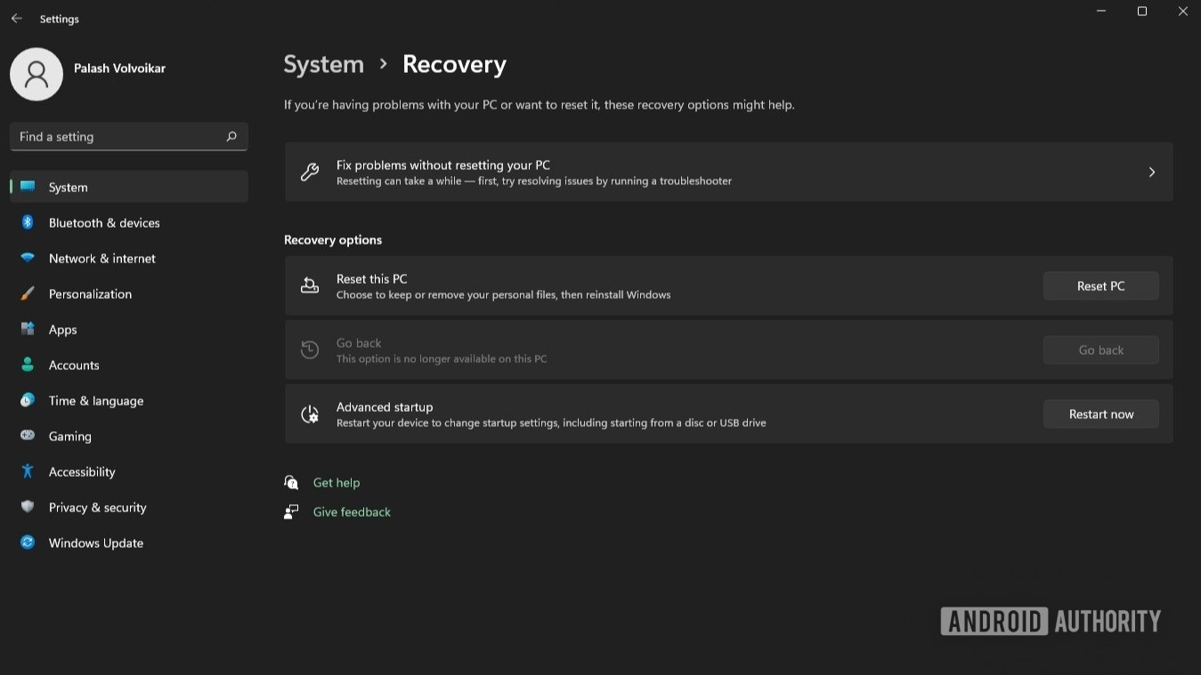 Windows Recovery go back option greyed out