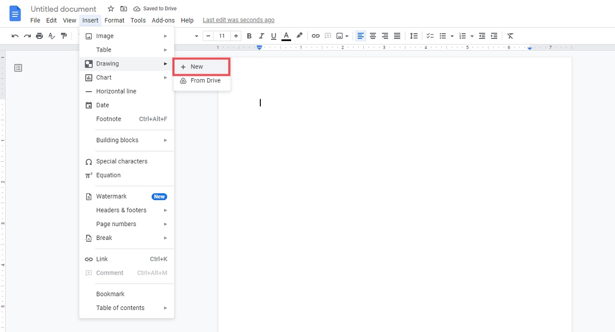 adding a new drawing in google docs