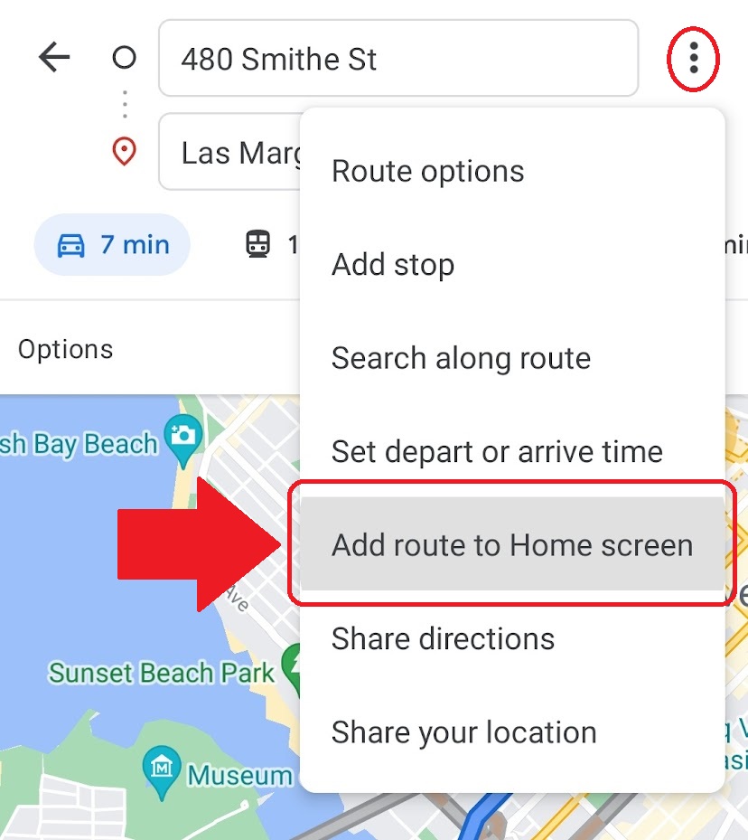 adding route to home screen on google maps