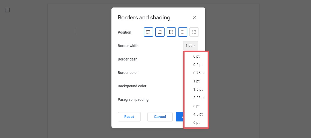 borders and shading border width