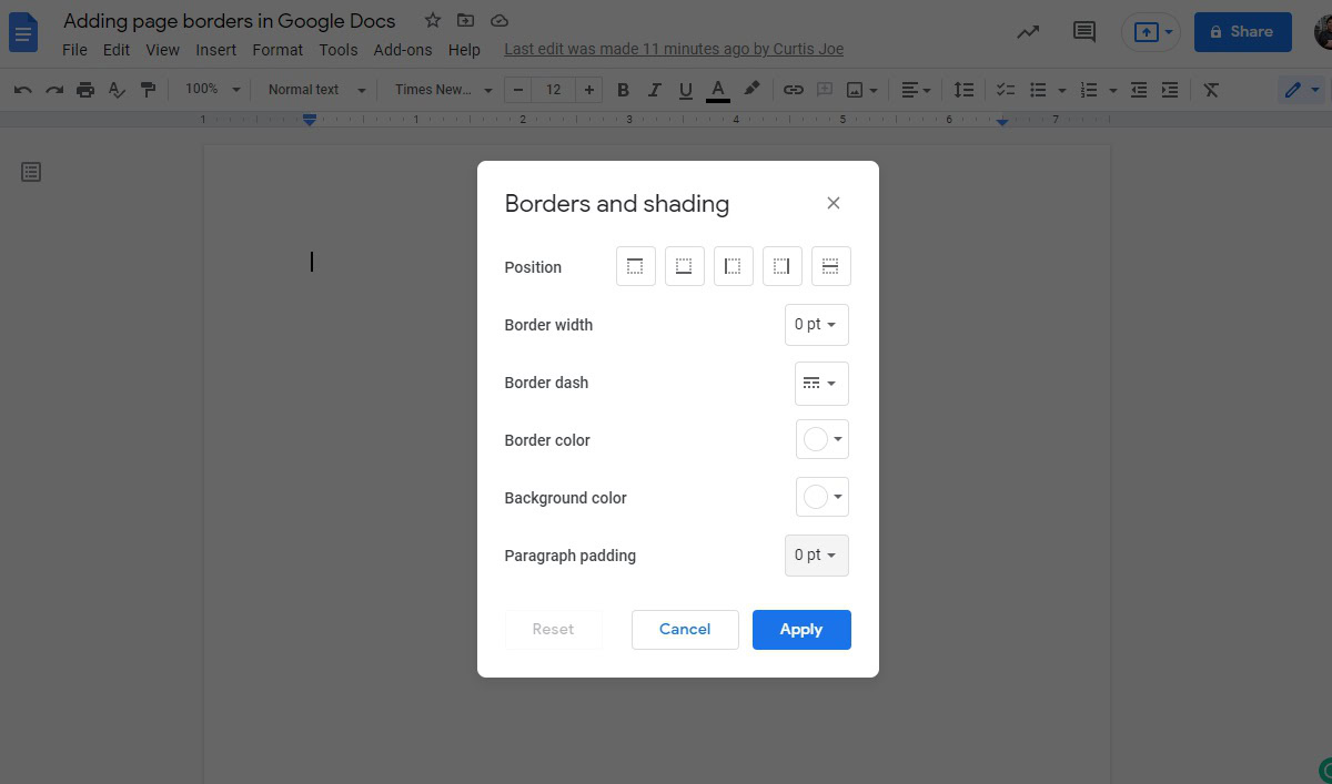 borders and shading menu in google docs