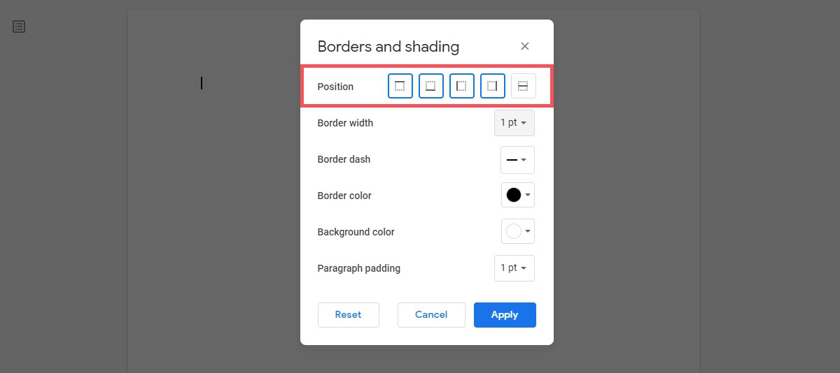 borders and shading menu position