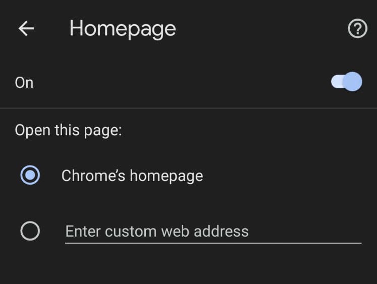 chrome android add homepage url