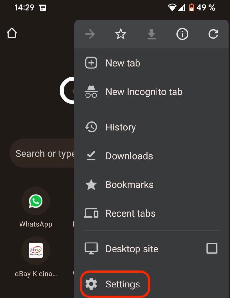 chrome android settings menu