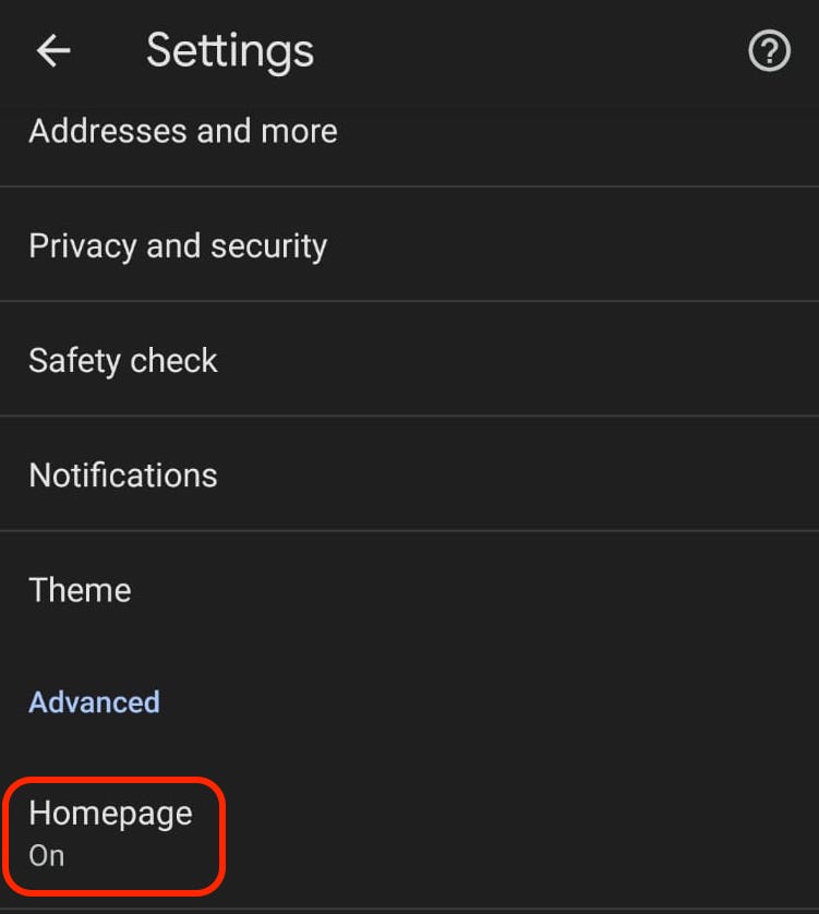 chrome android toggle on homepage