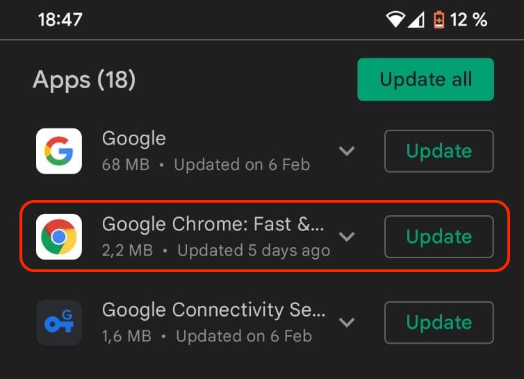 chrome android update available