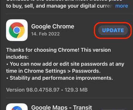 aggiornamento di Chrome ios