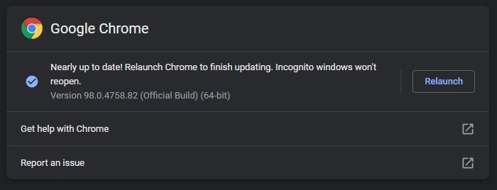 aggiornamento di avvio di Chrome Windows