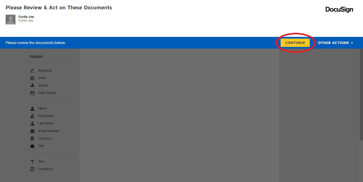 click continue on docusign