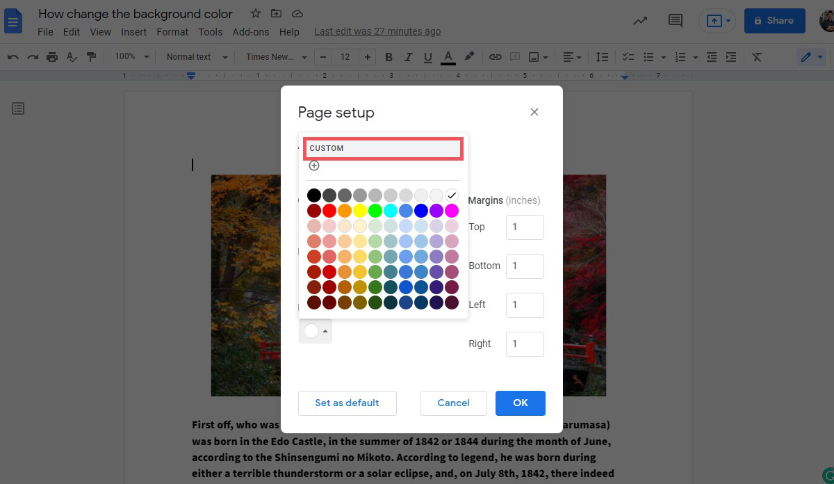 click custom at the top of the page color menu