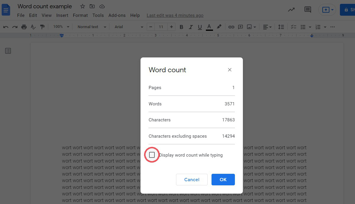 click display word count while typing