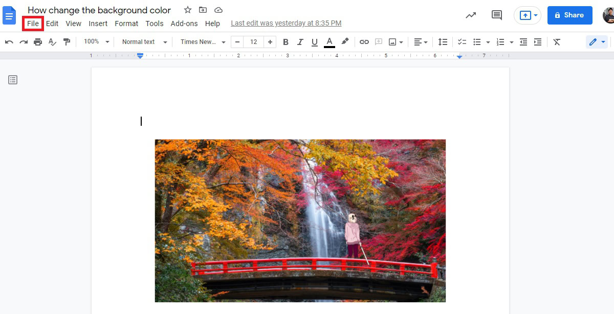 click file in the top toolbar google docs