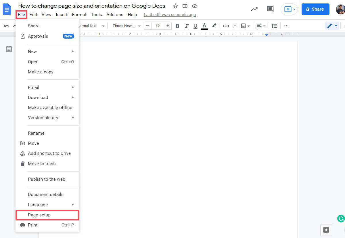 click file then page setup in google docs