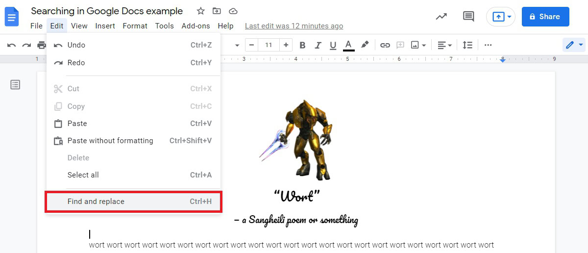 click the function from the edit menu in google docs