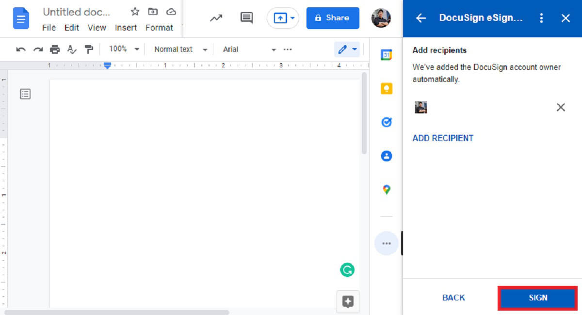 click sign on google docs