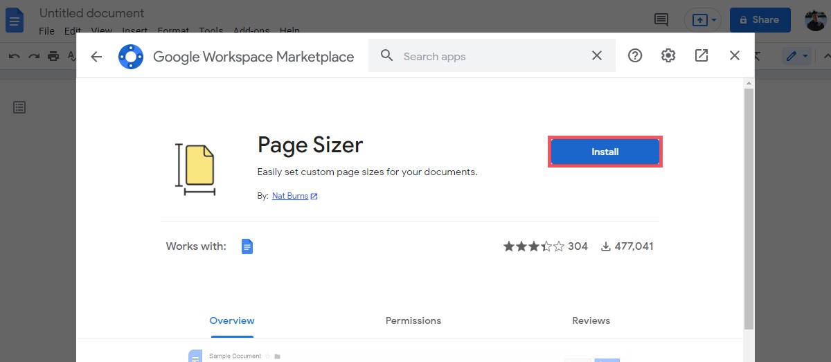 click the blue install button for page sizer