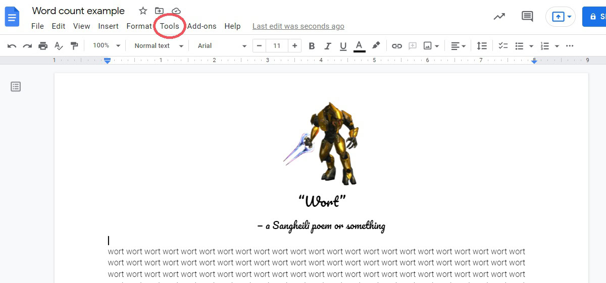 click tools to access the word count function