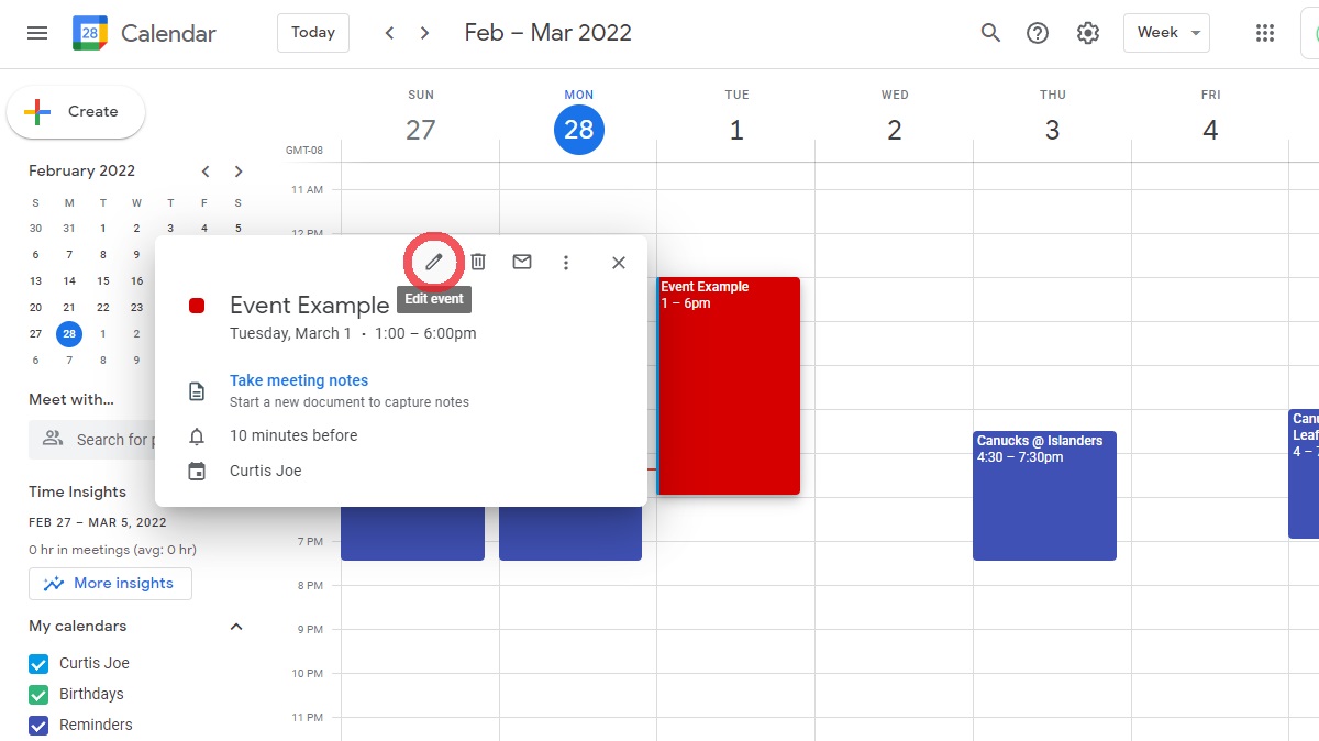 edit event in the google calendar