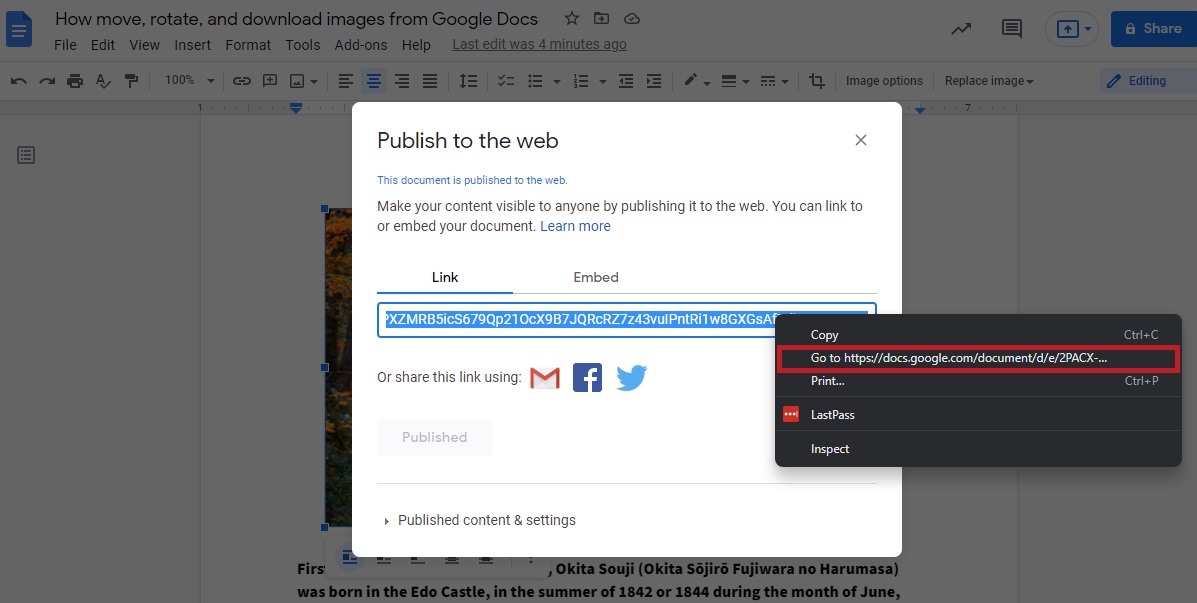 go to your web published document from google docs