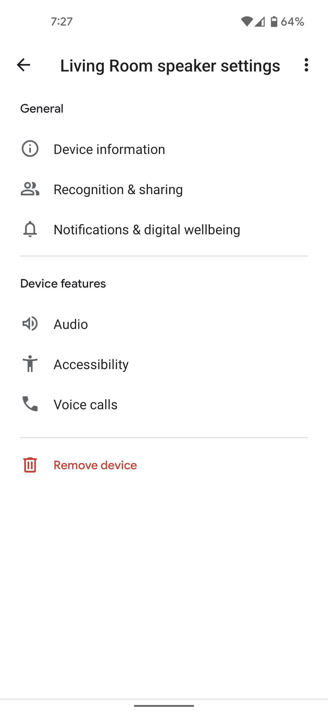 Google Nest Audio speaker settings in the Google Home app.
