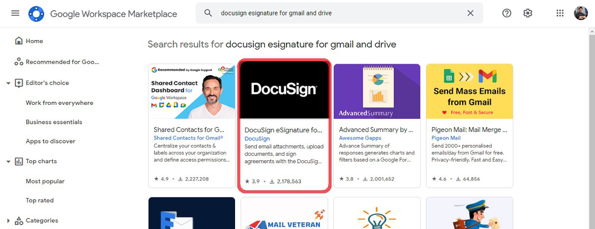 google workspace marketplace docusign identification