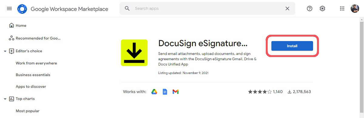 google workspace marketplace docusign installation