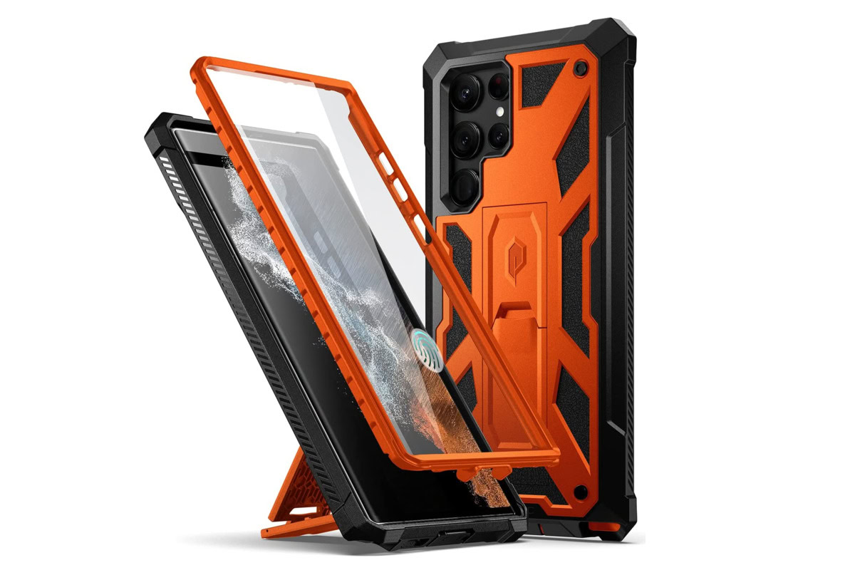 Galaxy S22 Ultra rugged cases Poetic Spartan in orange and black