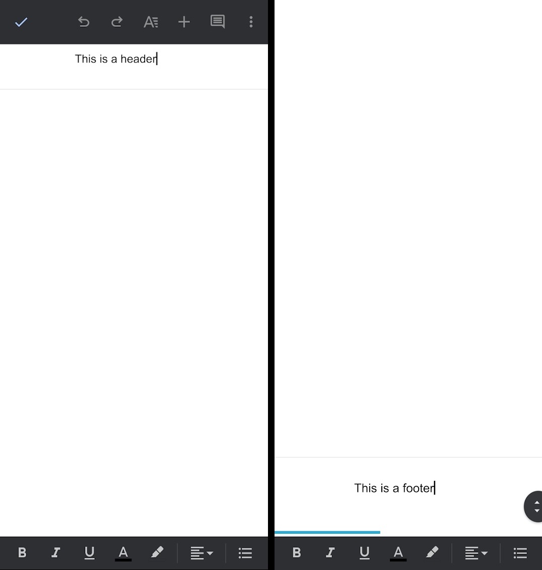 header and footer in the google docs mobile app