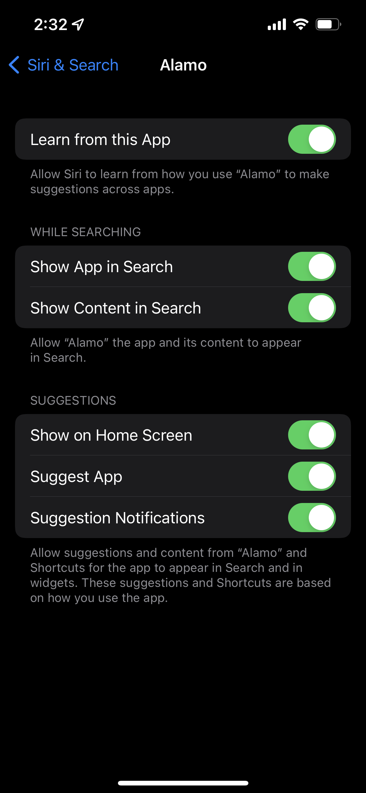 Suggestion settings for an individual iPhone app