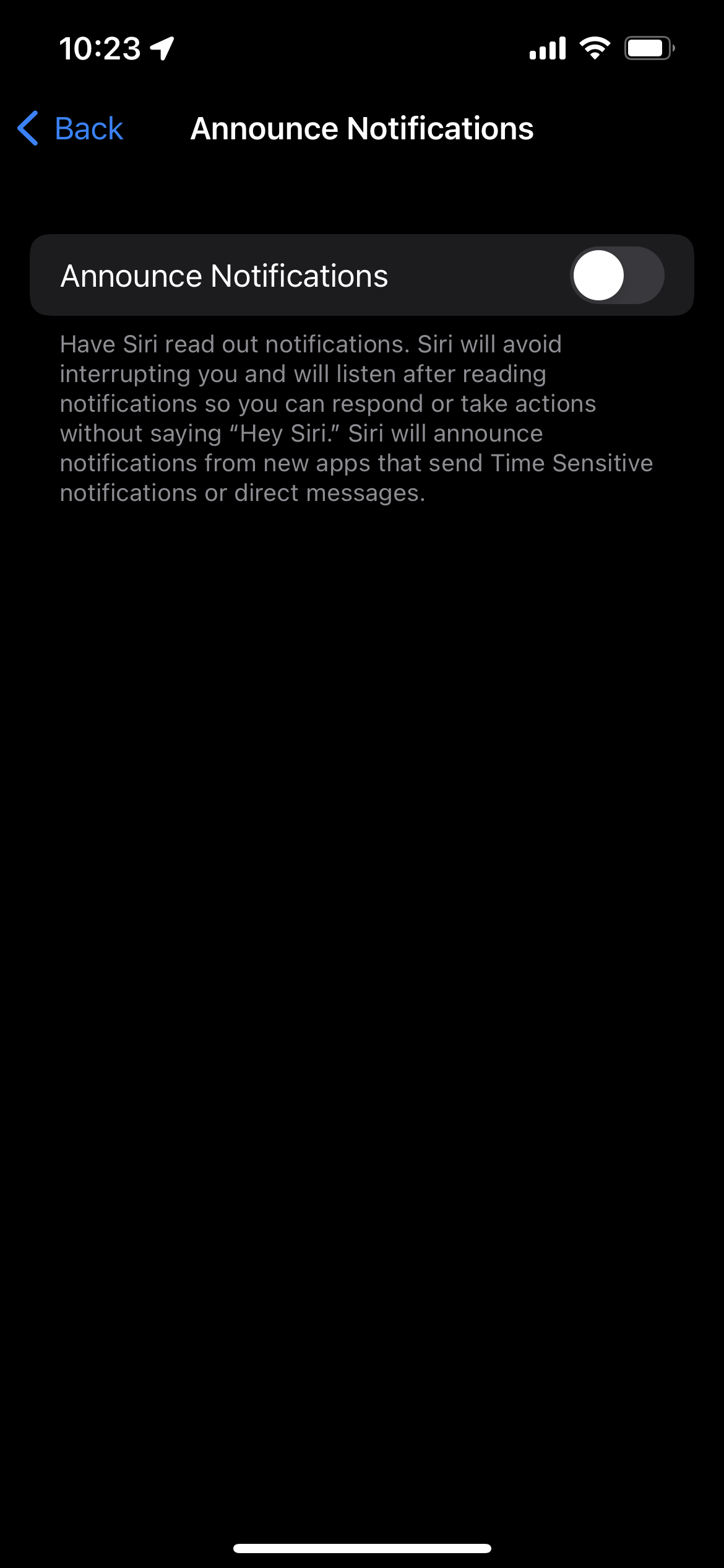 Announce Notifications off in iPhone Settings