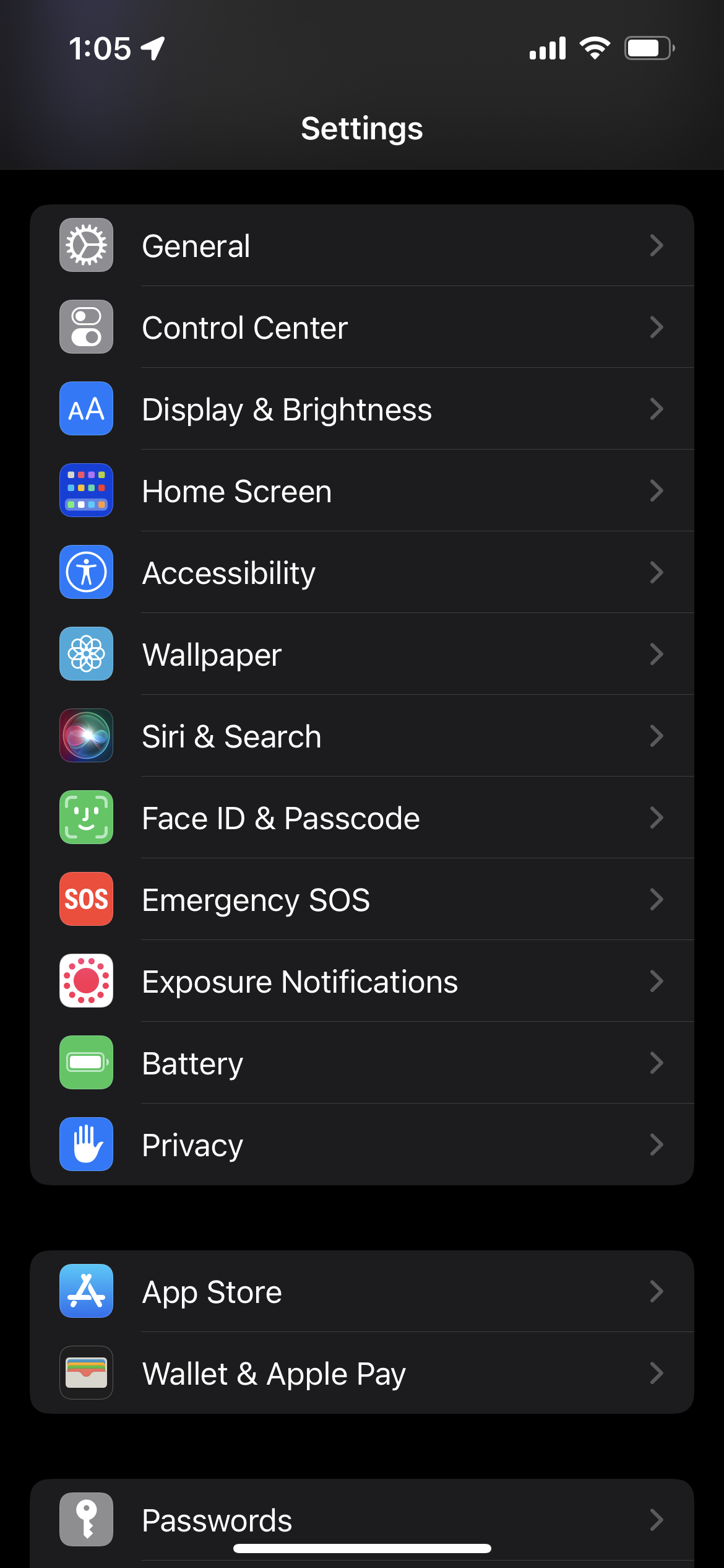 The iPhone Settings app in iOS 15