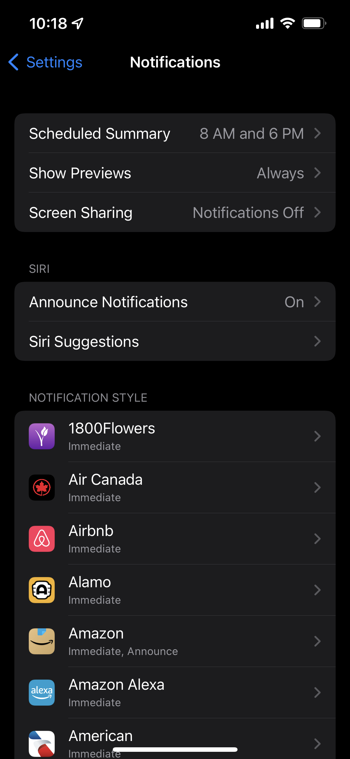 The Notifications menu in the iPhone Settings app