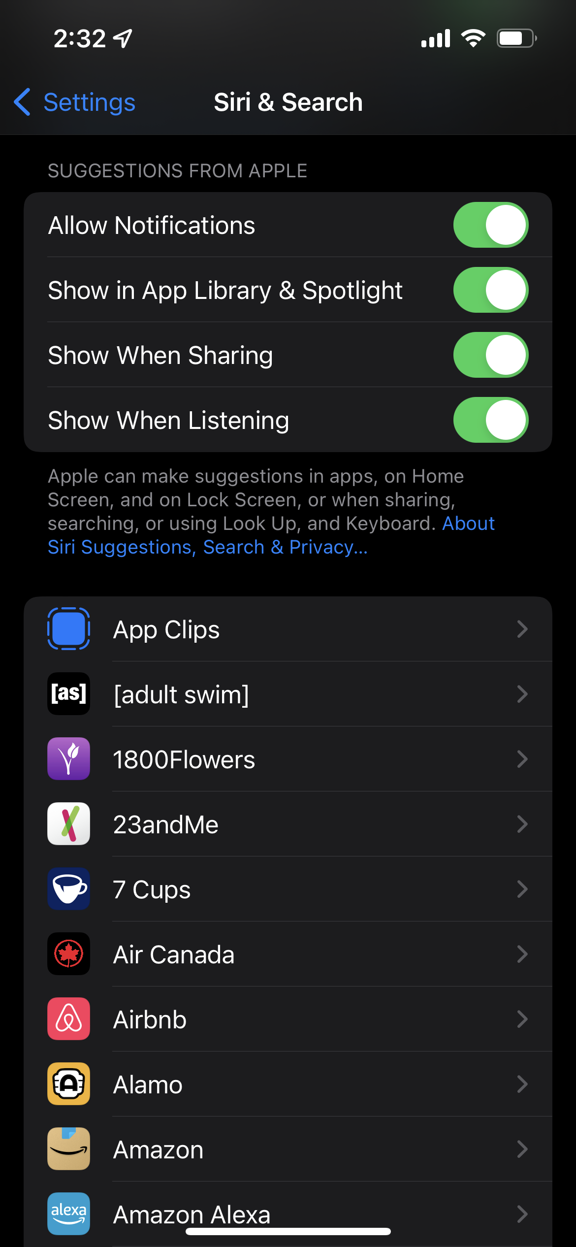 Siri suggestion settings in the iPhone app