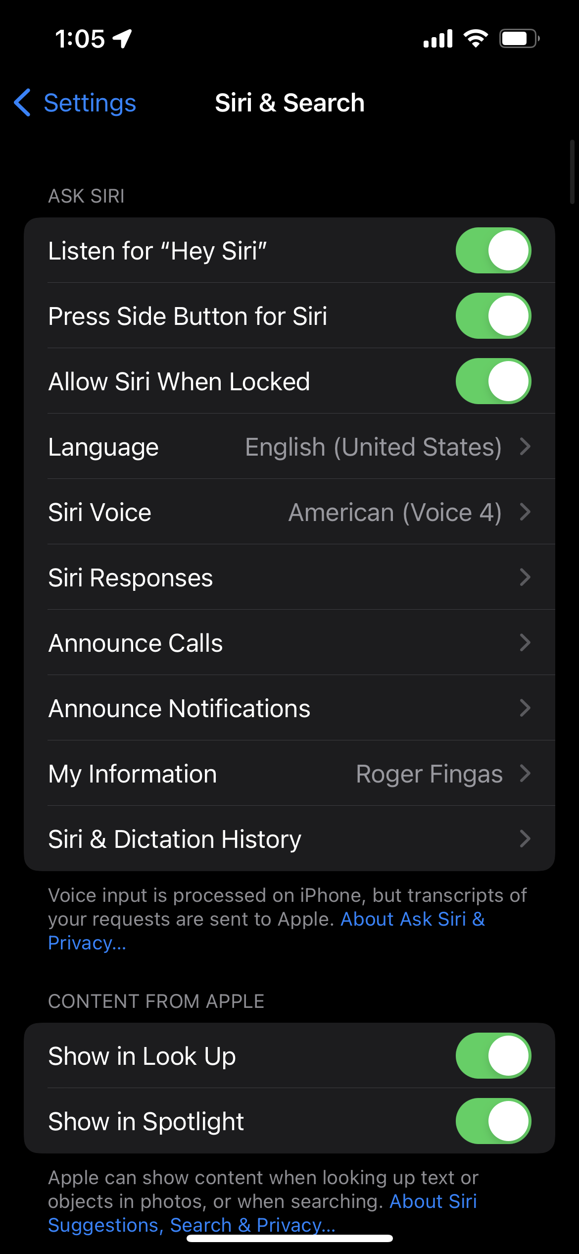 Siri and Search in iPhone settings