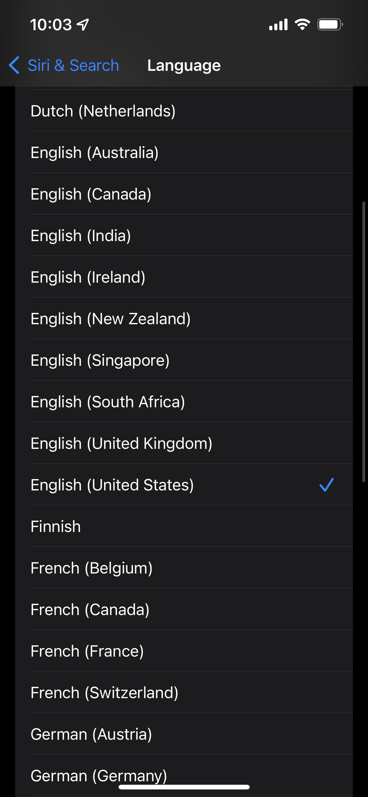 Siri language options on an iPhone