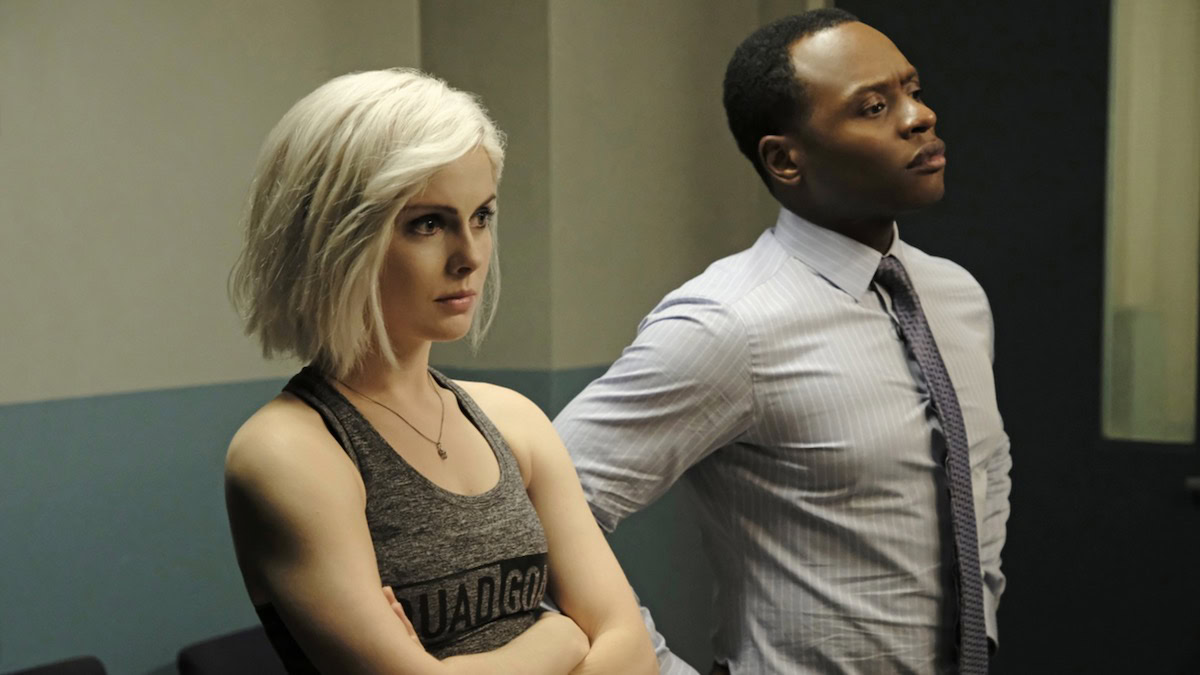 Rose McIver and Malcolm Goodwin in an interrogation room in iZombie