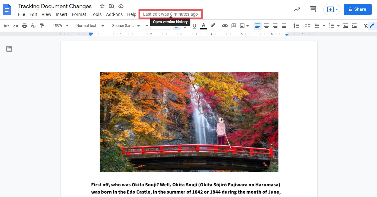 location of the Open version history button on Google Docs