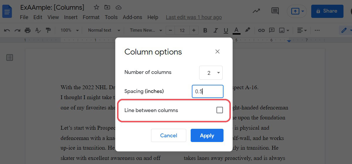 line between columns