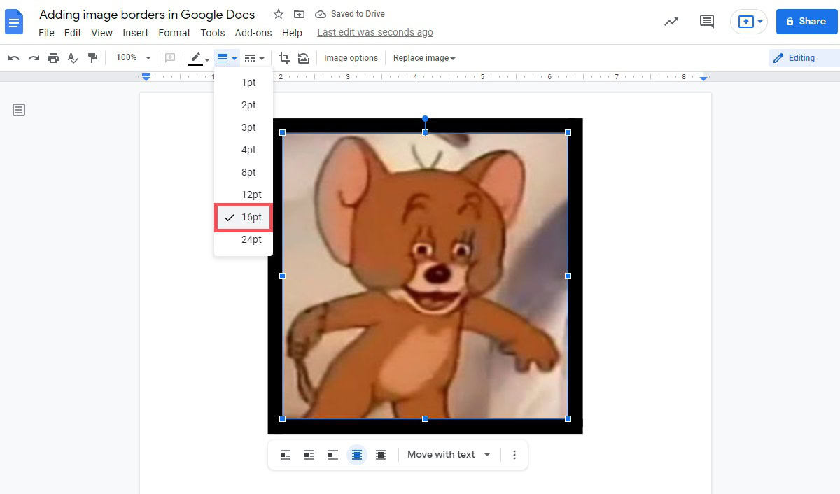 line weight selection for the image border on google docs