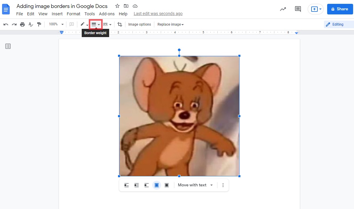 location of the border weight button in google docs for images