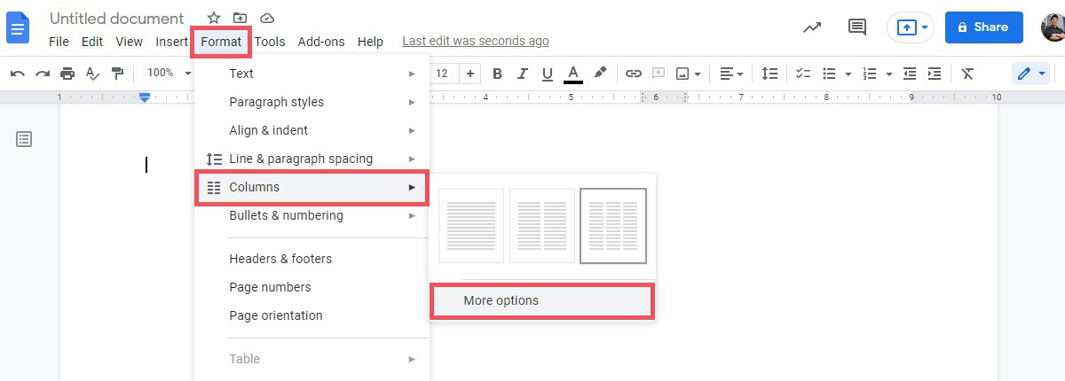 more options columns location in the google docs menu