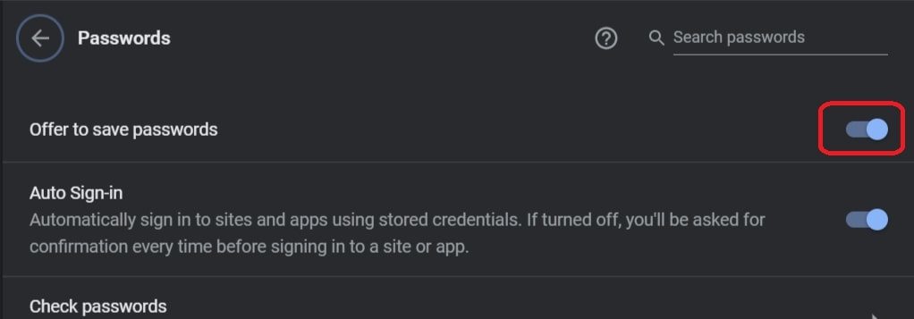 chrome offer to save pass