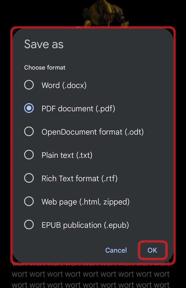 press the file type you want and then press okay