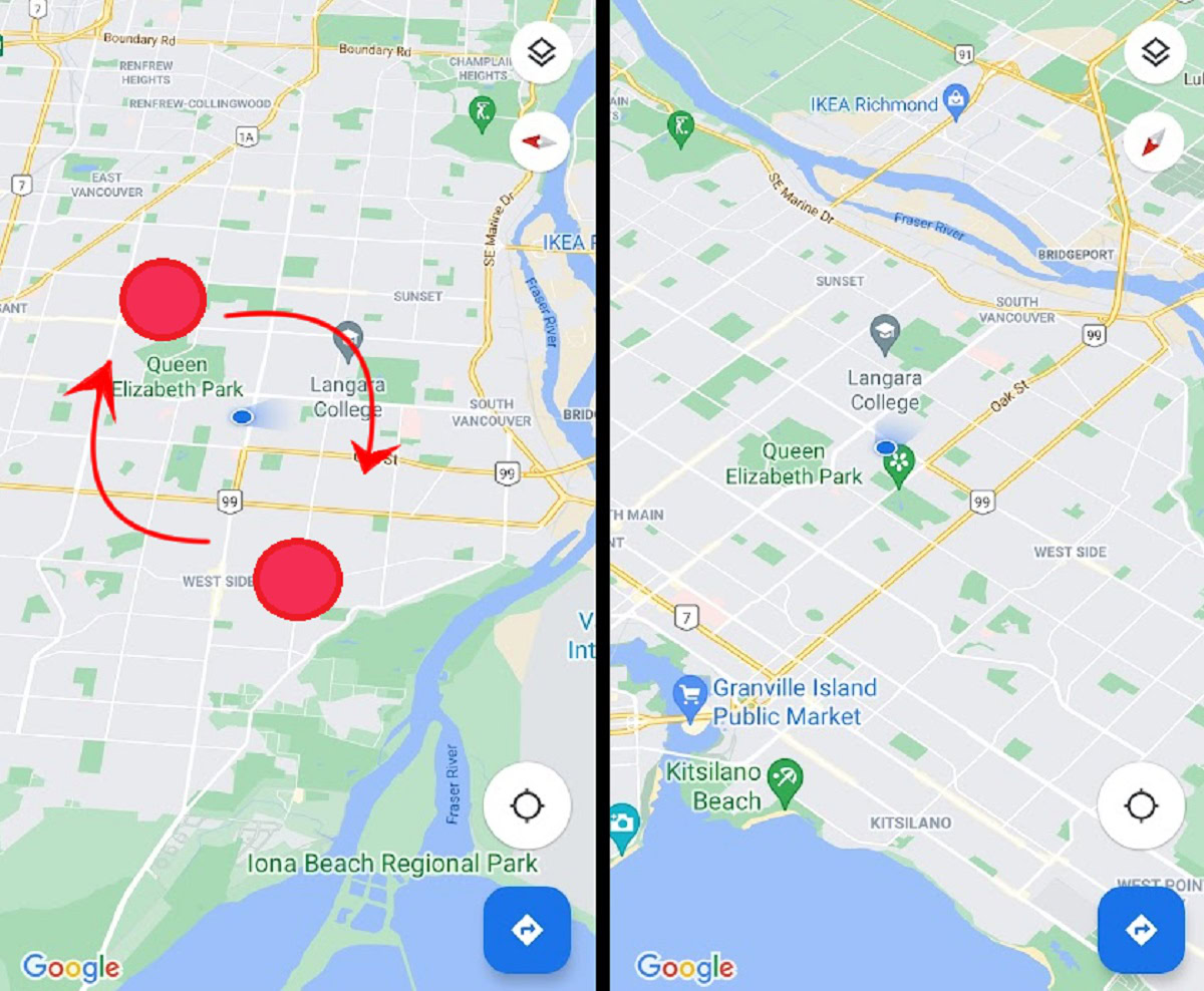 faire pivoter google maps avec capture d'écran de démonstration du placement des doigts