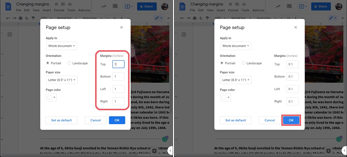 save your new pargins within page setup location