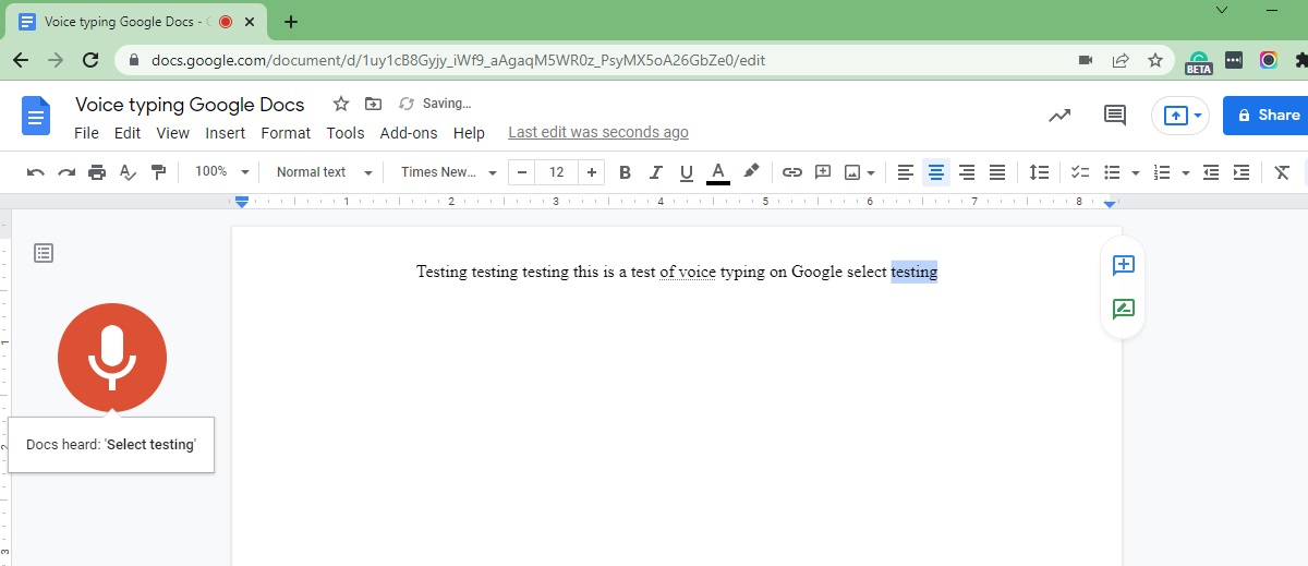 sélectionnez le test de test sur Google Docs