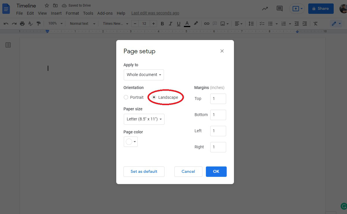 set the page up as landscape in google docs