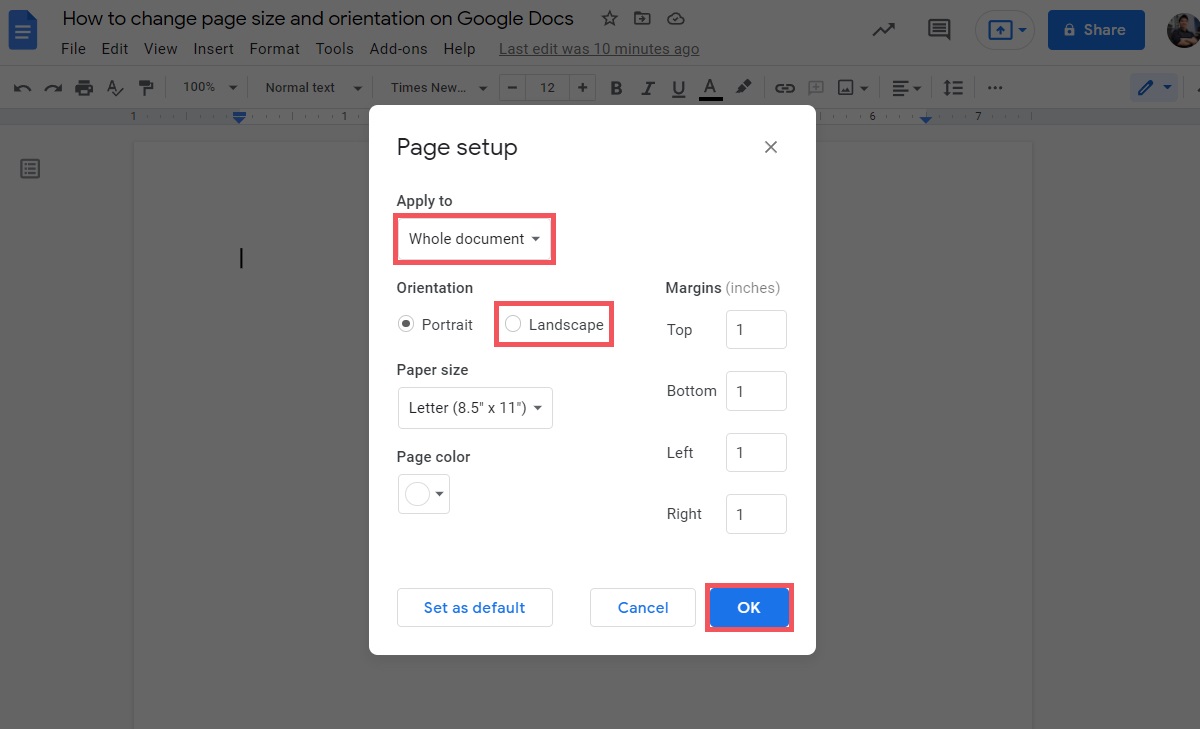 set up your page orientation as you want it then click okay